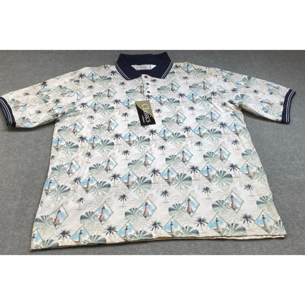 NWT Classics by Palmland Polo Shirt Mens XLG Cream Nautical Lighthouse Tropical